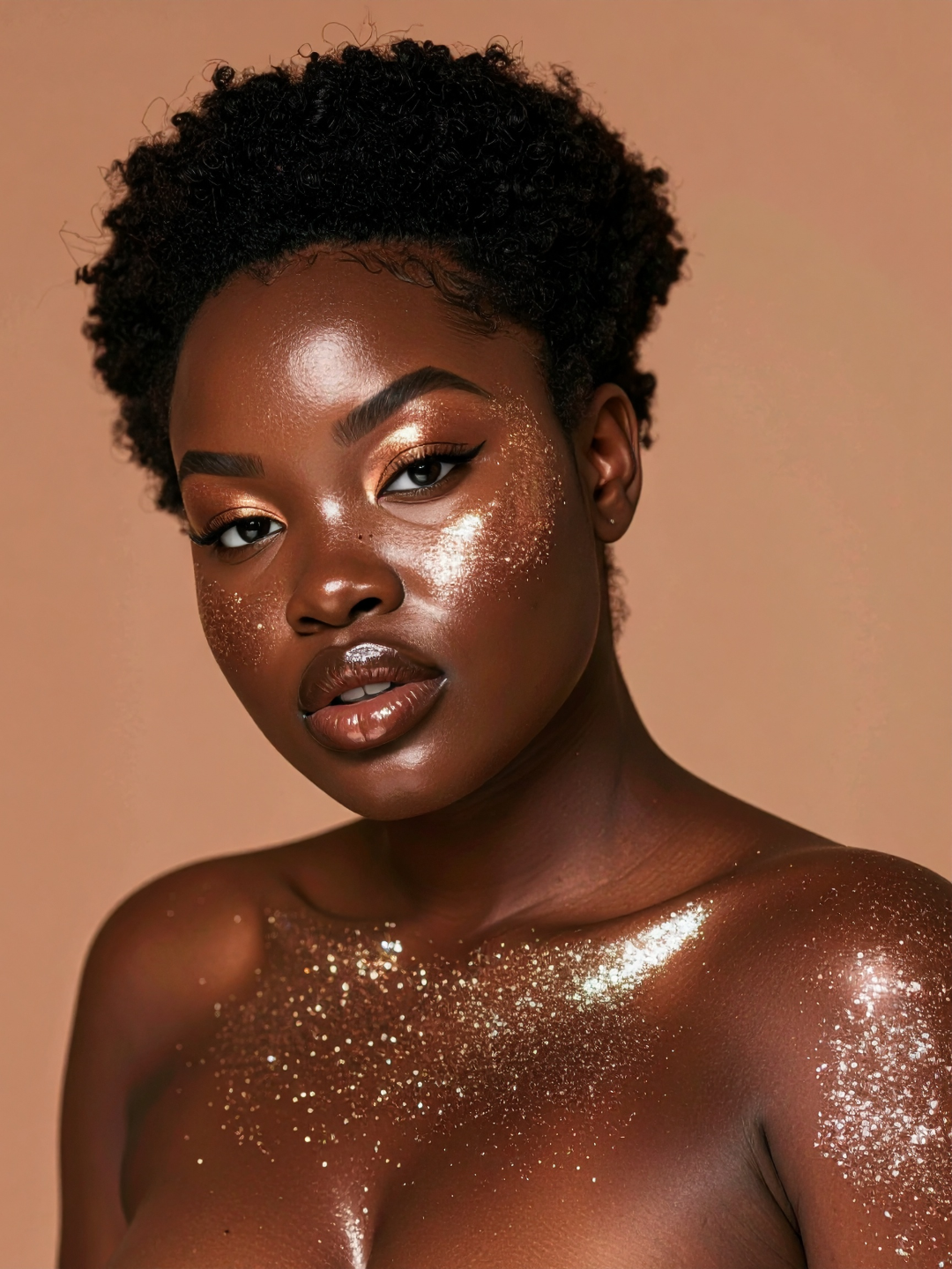 Image of a gorgeous black woman with glittery skin for the Milky Way Skin poem